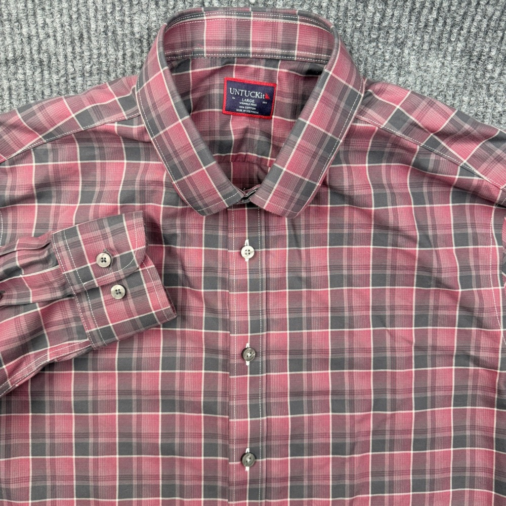 UNTUCKit Button Down Shirt Mens Large Red Plaid Wrinkle Free Long Sleeve Cotton